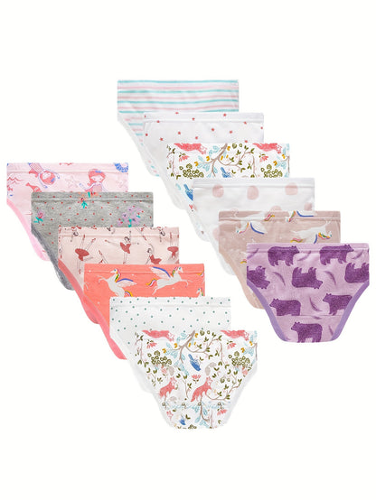 12 Pack Girls' 100% Cotton Underwear - Cute Mermaid, (Pegasus), Fox, Teddy Bear & Stripes Triangle Briefs | Semi-Sheer Breathable Panties for to Teen Girls | Year-Round, Easy Hand Wash Care