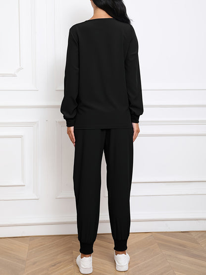 Women'S V-Neck Long Sleeve Elastic Uniform Set with Pockets, Breathable Stretch Top And Waist Cord Pocket Pants Two-Piece Set
