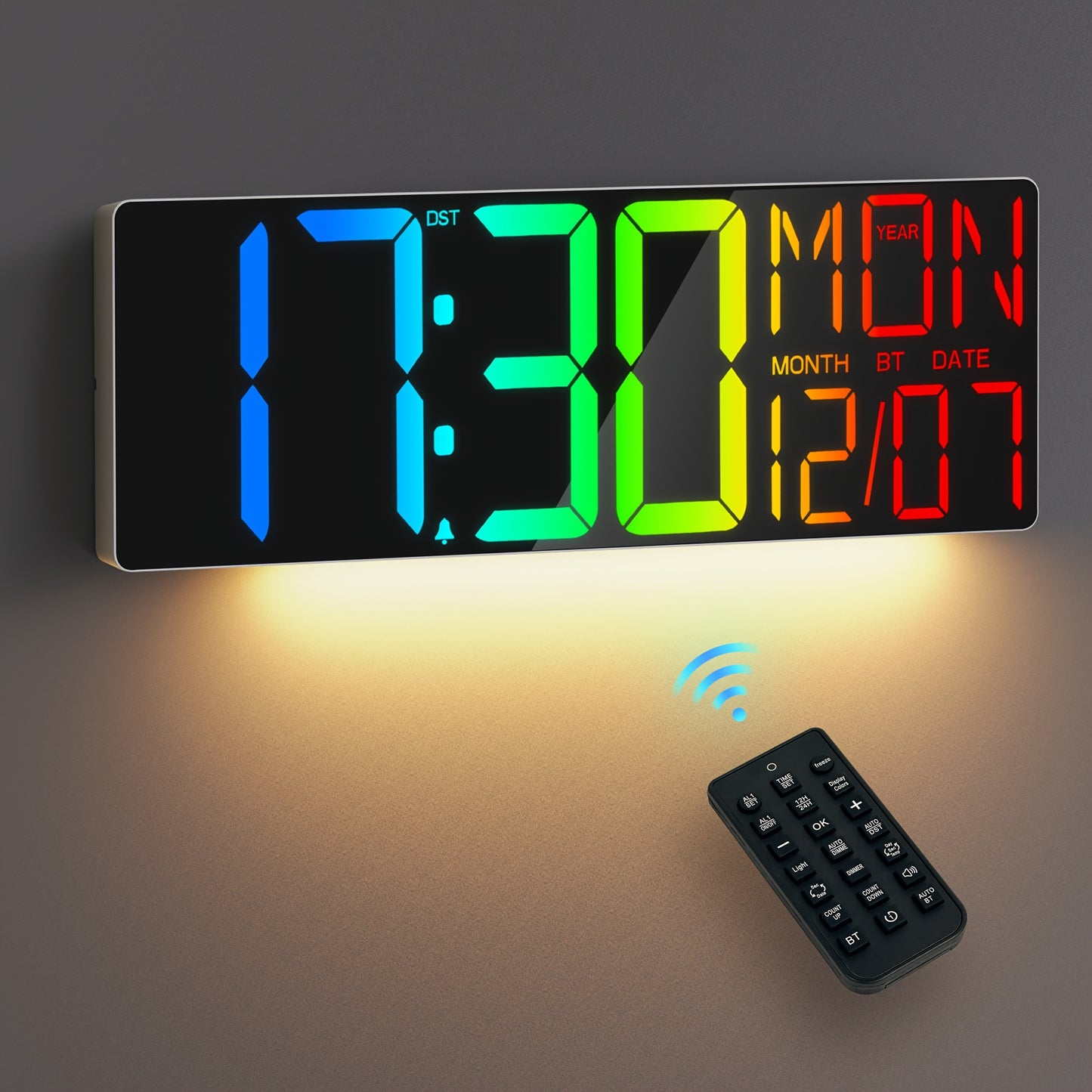 18" LED Digital Wall Clock with 8 RGB Color Display | Remote Control, 10-Level Dimmable Light, DST, Timer, Temperature, Alarm, Nightlight, Perfect Gift for Halloween, Thanksgiving, Christmas