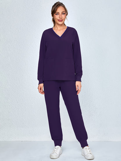 2pcs Women's V-Neck Matte Suit with Long Sleeve Stretch S Uniform Work Clothes Washable Pockets Breathable Elastic Top And Waist Cord Pocket Pants Set