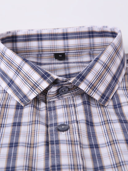 Men's Navy Blue & White Plaid Cotton Long-Sleeve Shirt - product view 15