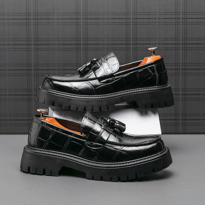 [Printed Platform Loafers] Men's Printed Platform Slip-On Penny Loafers Fashion Round Toe Tassel Decoration Non-Slip Lug Sole Business Dress Shoes for Driving Office Party