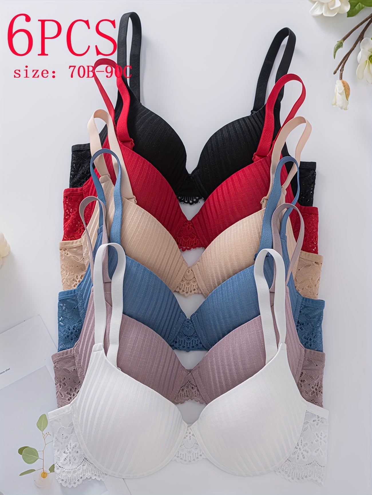 Set of 6 Women'S Viscose Push-Up Bras Featuring a Mature Design in Solid Colors with Lace Accents, Offering High Support with Steel Wiring. Ideal for Comfortable Casual Wear, Hand Wash Solely, Available in Red, Black