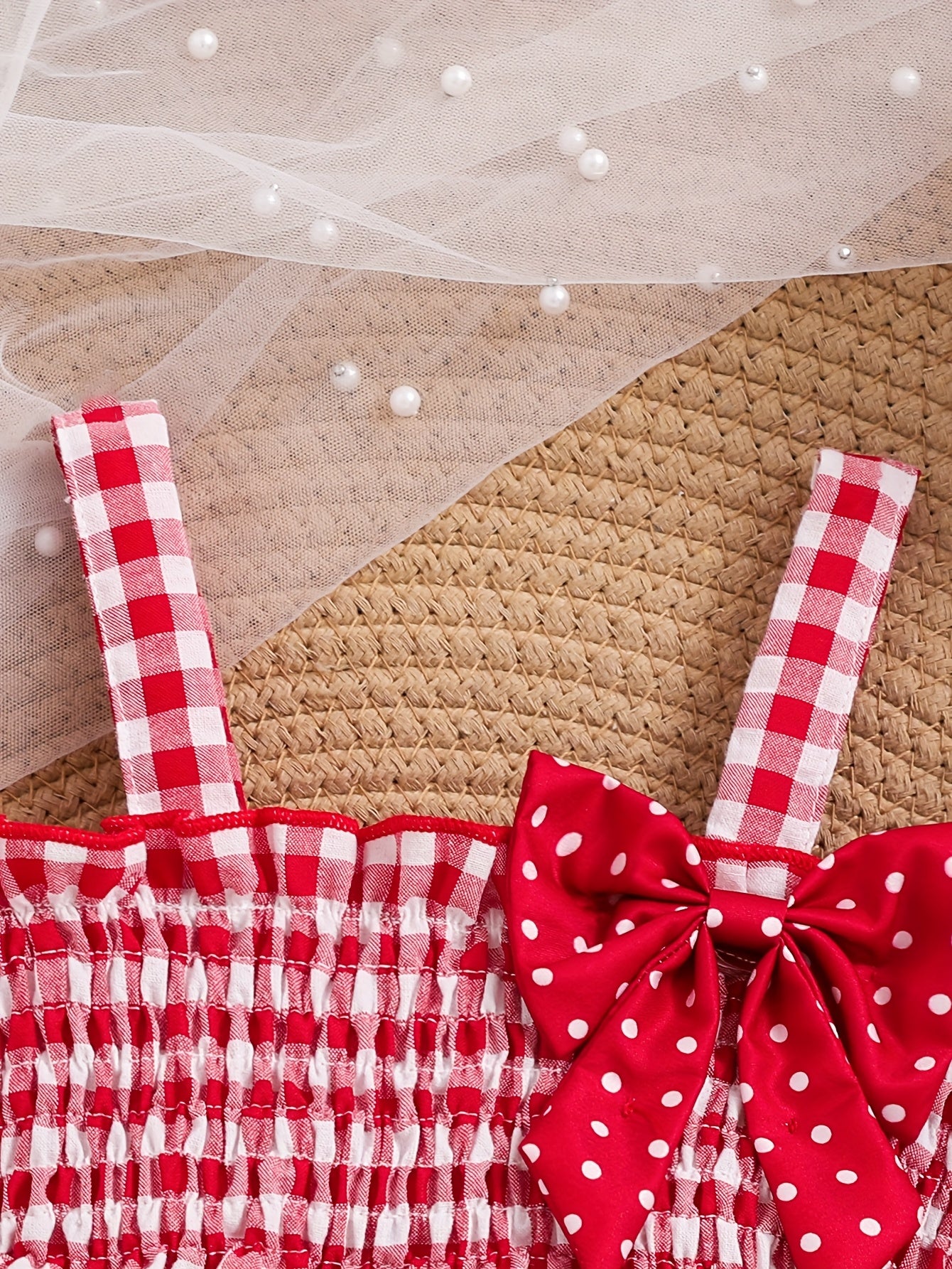 Set of 2 Girls' Outfits for Spring And Summer: a Gingham Dress with a Strawberry Print And Bow, Paired with Red Polka Dot Shorts. This Casual Set Is Machine Washable And Ideal for Toddlers, Featuring a Comfortable Spandex Design, for Outdoor