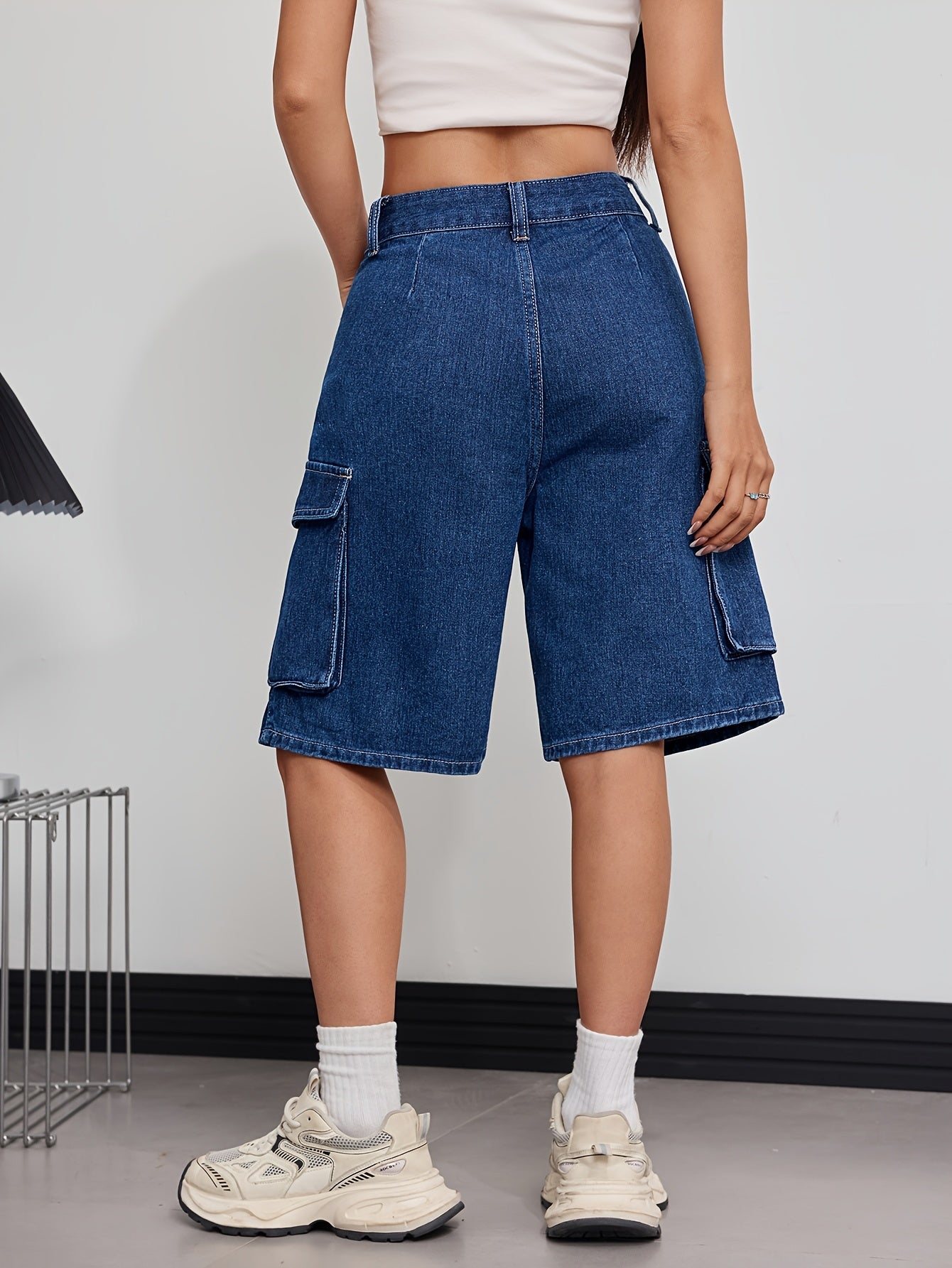 Women'S Casual Denim Cargo Shorts with Flap Pockets - High-Waist, Non-Stretch, Solid Color, Machine Washable, Rayon Blend, Perfect for Spring/Fall