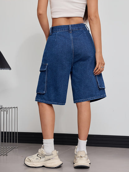 Women'S Casual Denim Cargo Shorts with Flap Pockets - High-Waist, Non-Stretch, Solid Color, Machine Washable, Rayon Blend, Perfect for Spring/Fall