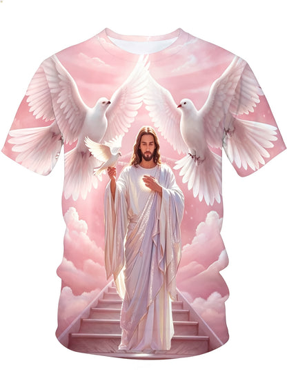 Jesus Christ With Doves And Heavenly Stairs Religious Christian T-Shirt For Men Full Print Design Faith Inspired Apparel, Plus Size