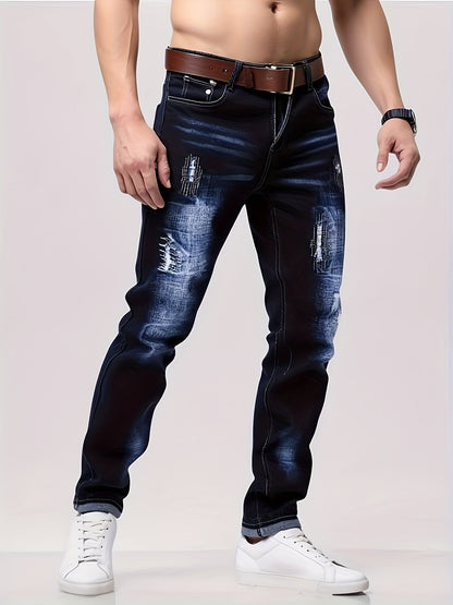 [HME] Autumn New Men'S Jeans, Mid-Waist Stretch Slim Straight Leg, Retro Trendy Brand Perforated Design, Heavy Washed Blue Natural Whitening Effect, Classic Five-Pocket Style, YKK Zipper, Essential Denim Long Pants for Men'S Fashionable Outfits