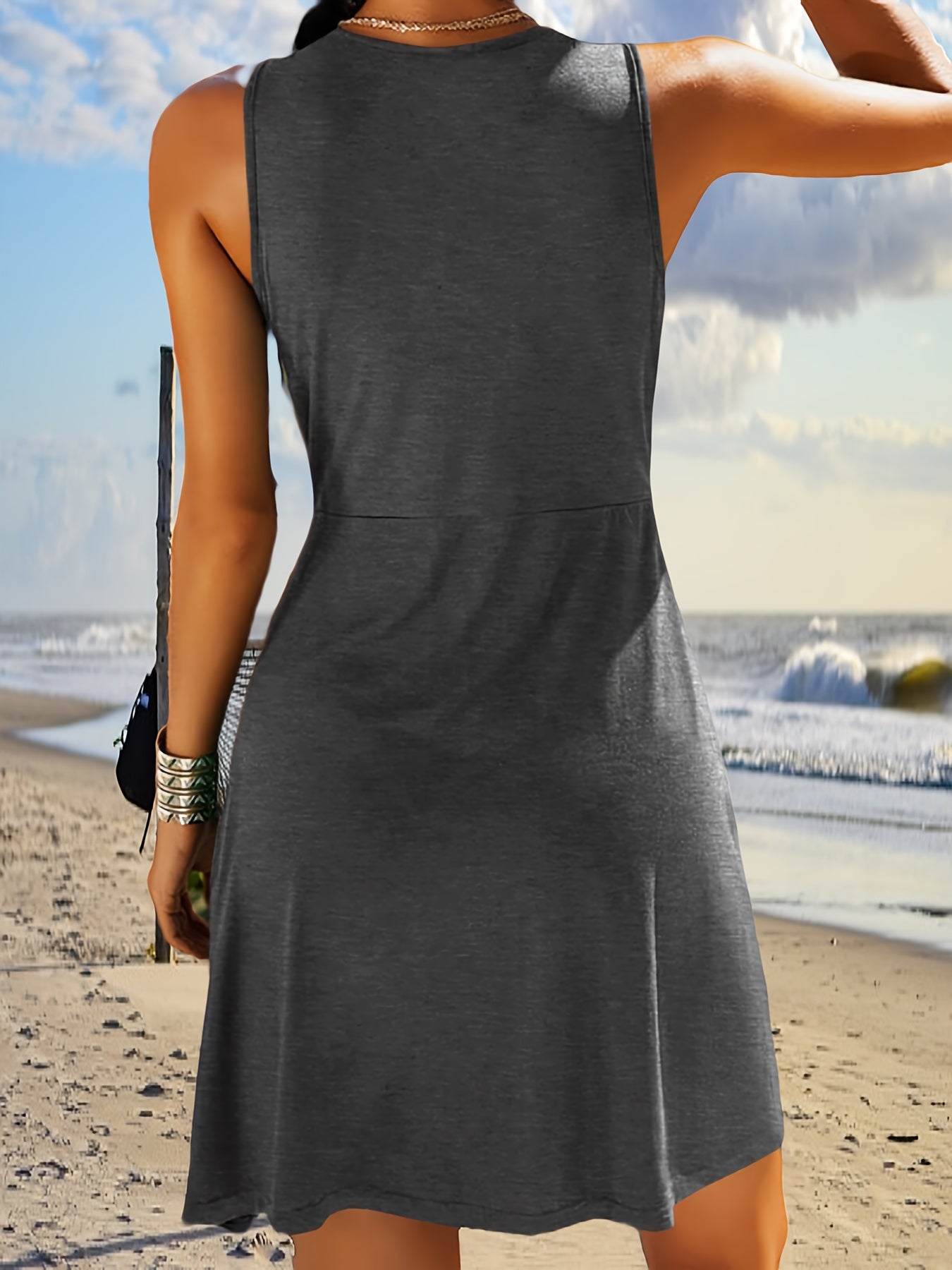 Women's Daily Summer V-Neck Sleeveless Tank Dress 2025 Casual Front Knot Detail Solid Color A-Line Sexy Dress