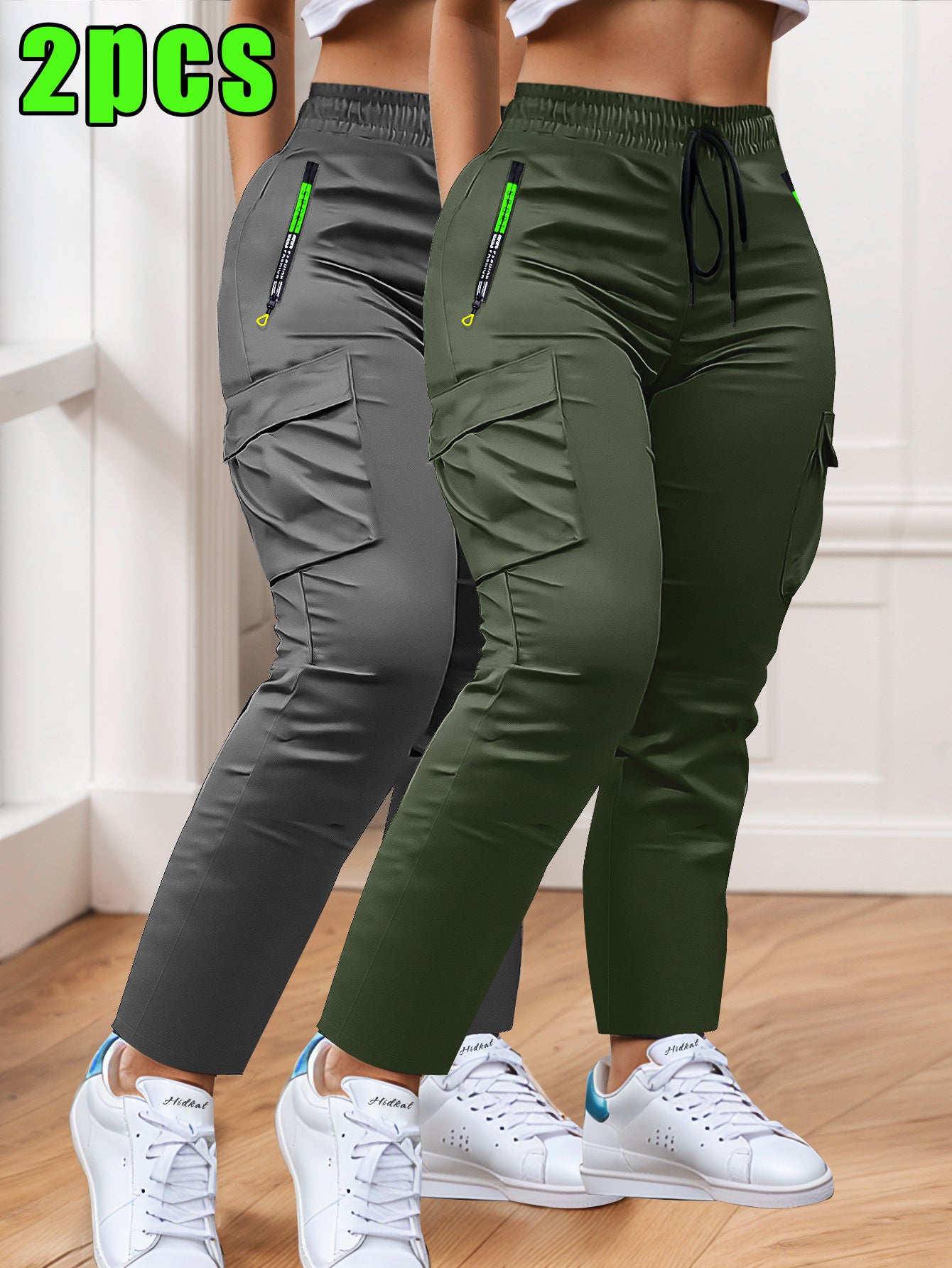 2-pack of Women'S Multi-pocket Slim Cargo Pants, Drawstring Zip Pocket Design, Straight Leg Casual Trousers, Suitable for Outdoor Sports, Everyday Wear, and Dates.
