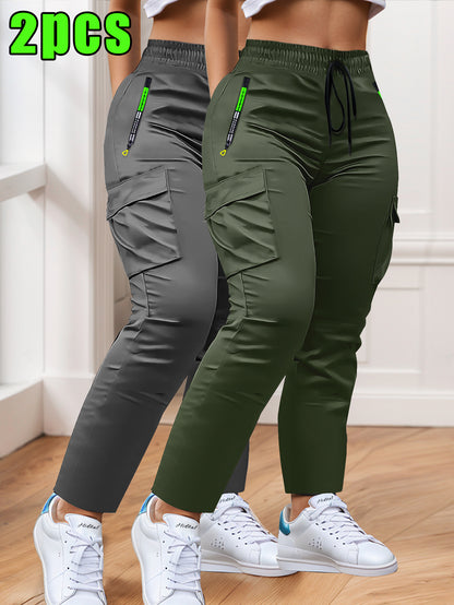 2-pack of Women'S Multi-pocket Slim Cargo Pants, Drawstring Zip Pocket Design, Straight Leg Casual Trousers, Suitable for Outdoor Sports, Everyday Wear, and Dates.