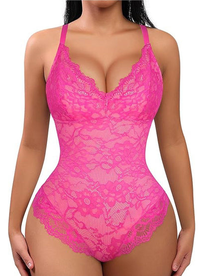 FeelinGirl Shapewear Bodysuits for Women Lace Shapewear Tummy Control V-Neck Sleeveless Bodysuit Tops Jumpsuit