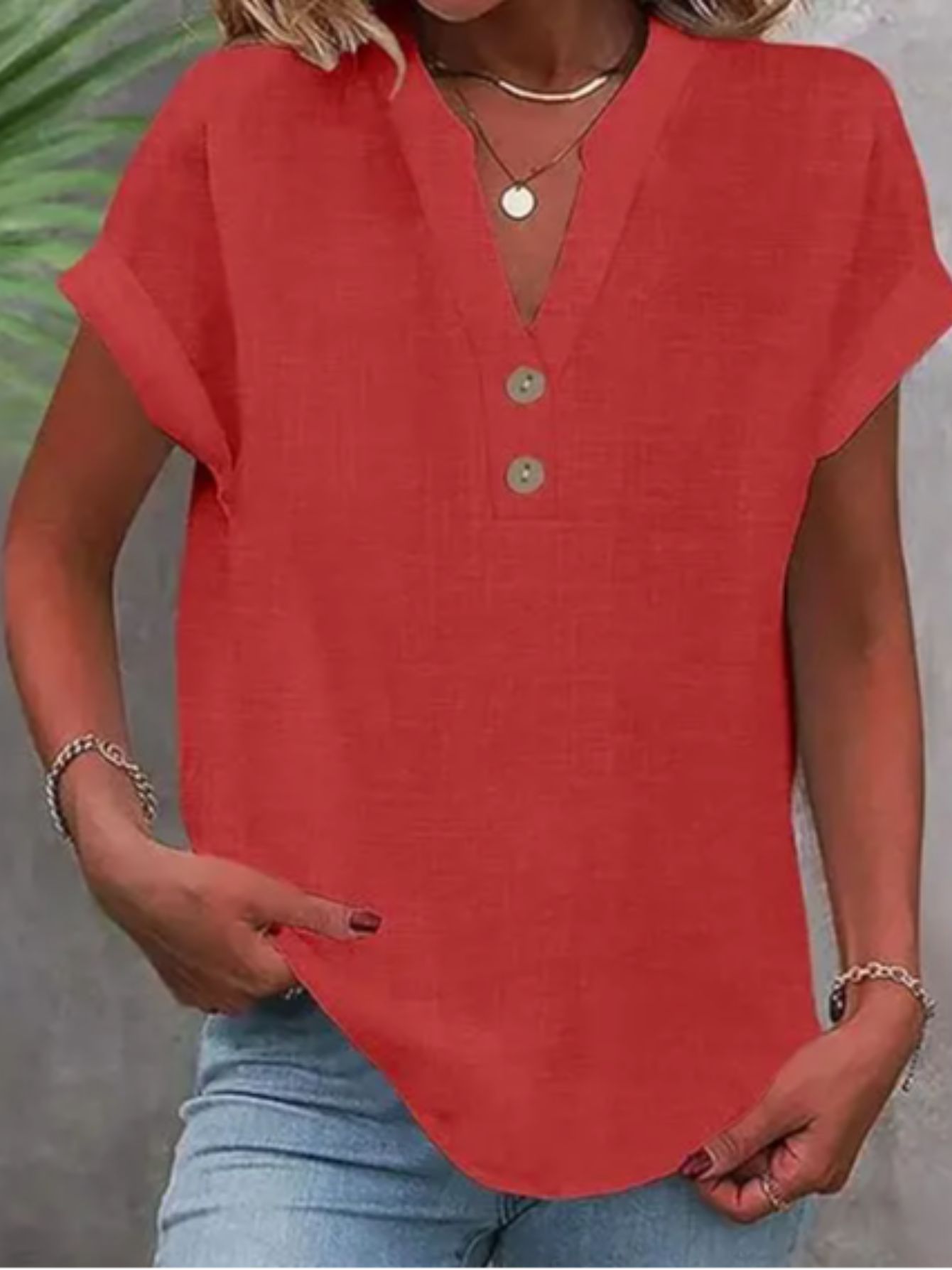 ZOELNIC Women's V-Neck Button-Front Placket T-Shirts - Short Sleeve Casual Summer Tops, Breathable Daily Wear Shirts Suitable for Spring/Summer, Solid Color Casual Wear, Machine Washable (No)