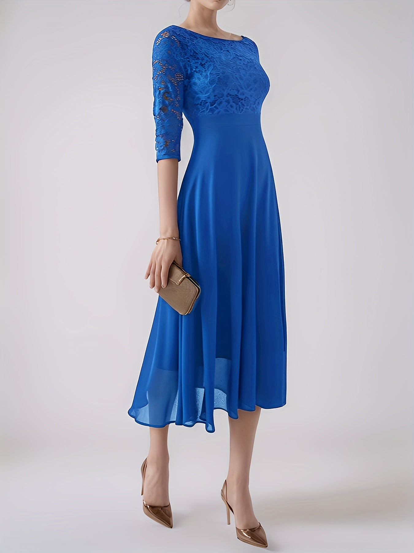 Elegant Navy Blue Lace-Trimmed Chiffon Evening Gown with Short Sleeves And Flowing Skirt, Perfect for Formal Events And Parties, Formal Evening Gown