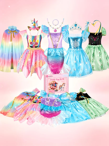 18pcs Princess Dress-Up Clothes Suitable for Role-Play Costumes with Unicorn & Mermaid Costumes, Capes, Jewelry - Birthday Outfits, -Line Skirts & Himos Dresses - Non-Stretch Dress Wear for (18pcs)