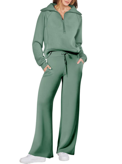 Spring/Autumn Casual Swear Set for Women, Zipper Long-Sleeve Sweatshirt and Wide-Leg Pants 2pcs Set
