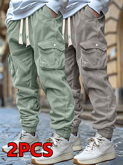 2 Pairs Men'S Four-Season Universal Corduroy Cuffed Sweatpants, Elastic Waist Solid Color Jogger Casual Pants