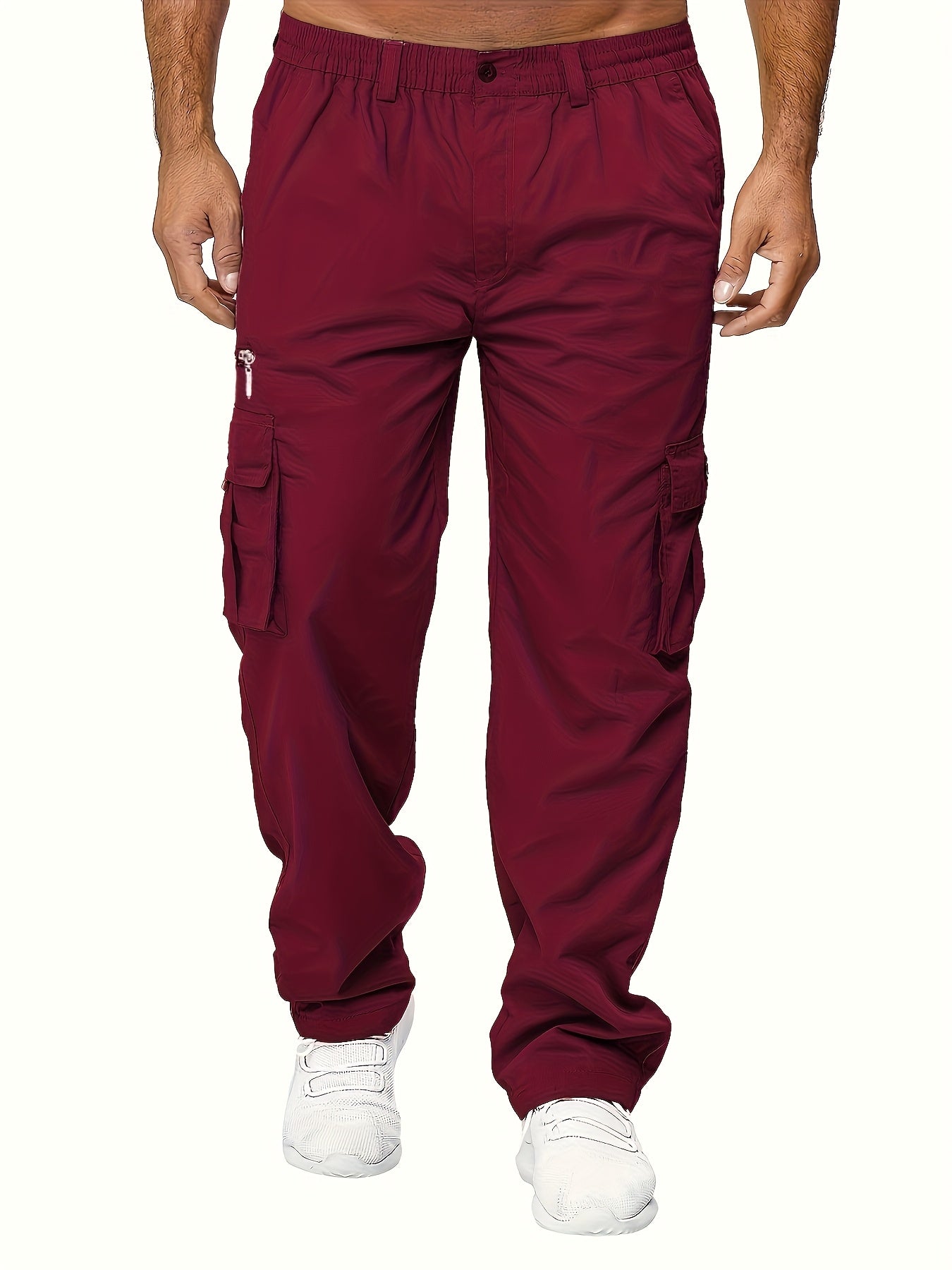 3pcs Men'S Casual Solid Color Cargo Pants, Polyester Non-Stretch Woven Fabric, Multiple Pockets, Regular Fit, Spring/Fall Season, Hiking & Outdoor Scene, Weekend Casual Occasion, Thick