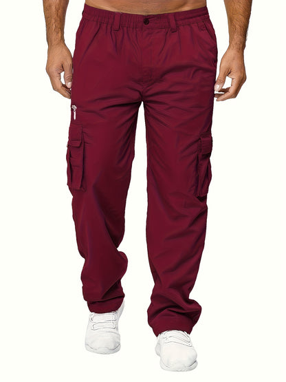 3pcs Men'S Casual Solid Color Cargo Pants, Polyester Non-Stretch Woven Fabric, Multiple Pockets, Regular Fit, Spring/Fall Season, Hiking & Outdoor Scene, Weekend Casual Occasion, Thick