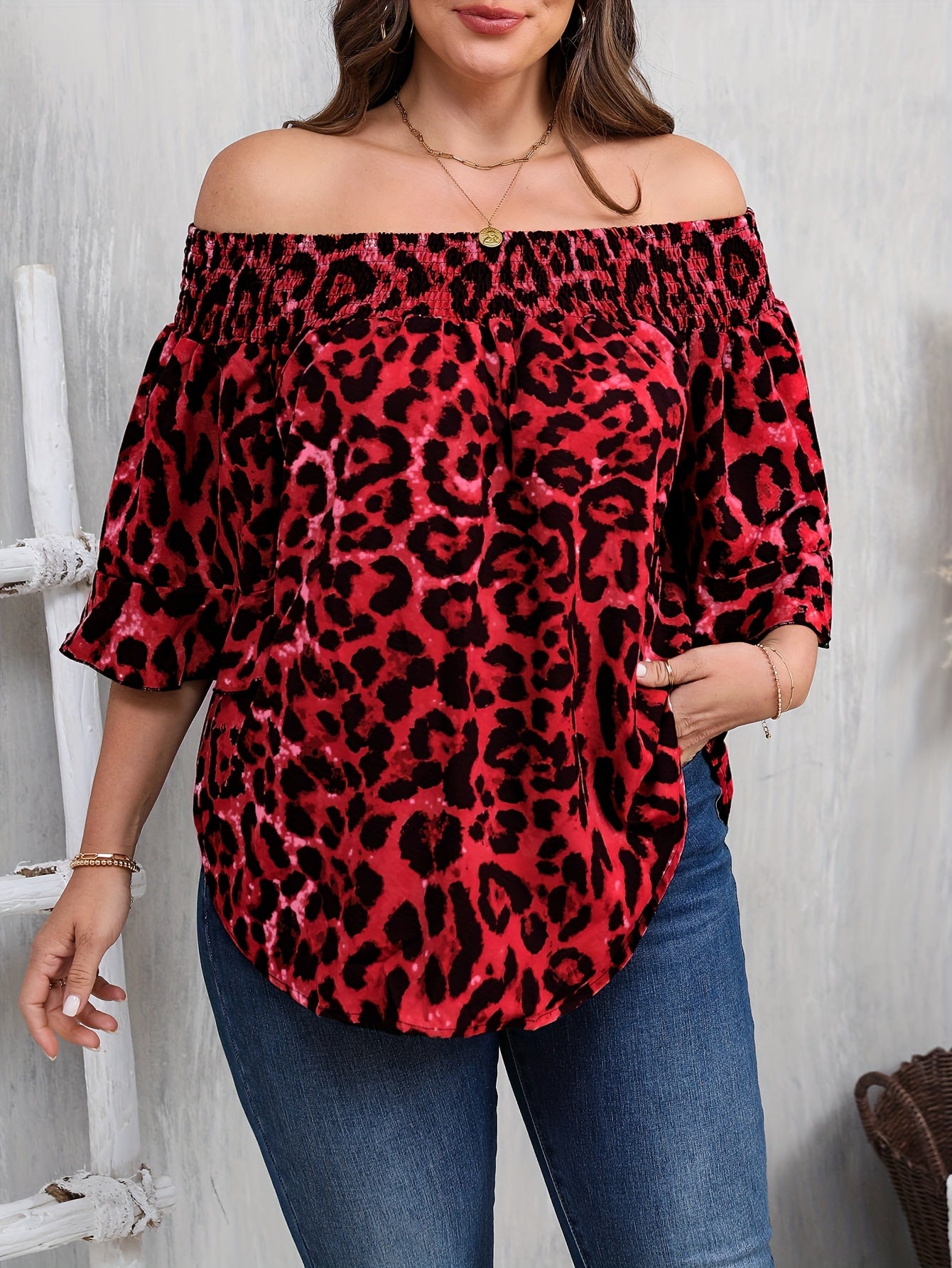 Women's Plus Size Leopard Print Off-Shoulder Blouse with Ruffled Sleeves - Vibrant Red Casual Chic Top, Machine Washable All-Season Shirt for Casual Attire, Relaxed Fit Shirt | Ruffled Sleeves Top | Nonstretch Fabric