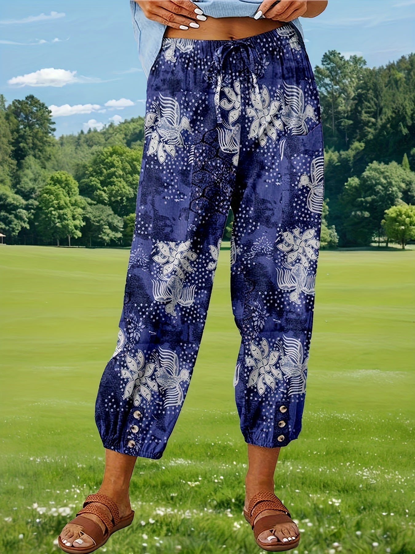 FOEIERAA 3pcs Women's High Waist Jogger Pants, Elastic Waist Retro Print, Loose Comfortable Casual Trousers for Outdoor Commute