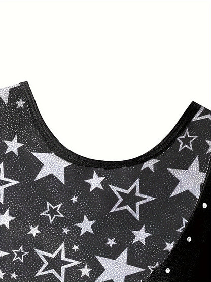 Girls' 3pcs Gymnastics Leotard Set with Stars Pattern, Long Sleeve Bodysuit & Matching Shorts - Includes Hairband, Stretchy & Breathable Fabric for Dance Training, Perfect for Outdoor, All Seasons, Gift for Back-to-School Season, Beach Essentials