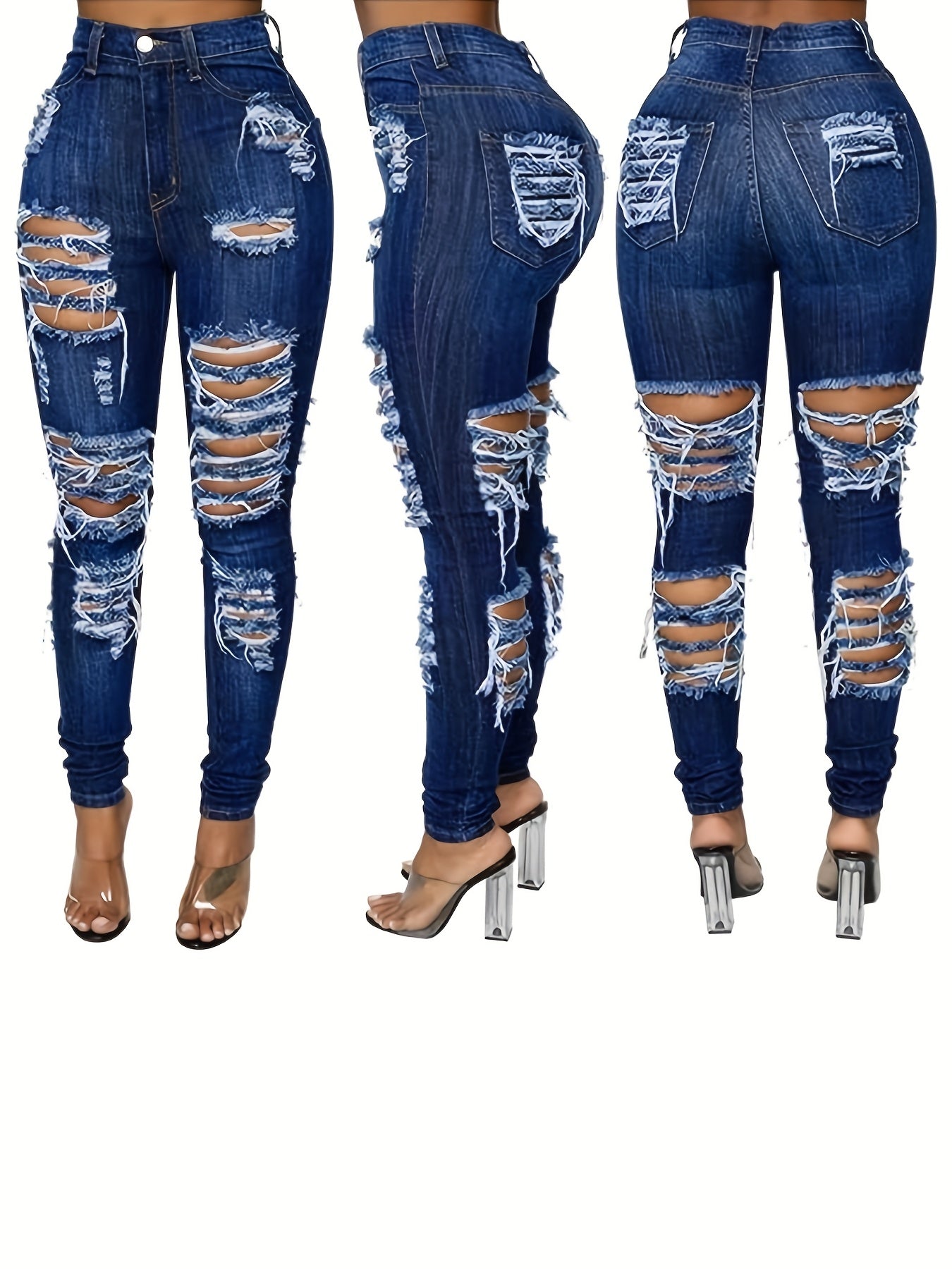 Women'S Hole High Elastic Tight Denim Pants