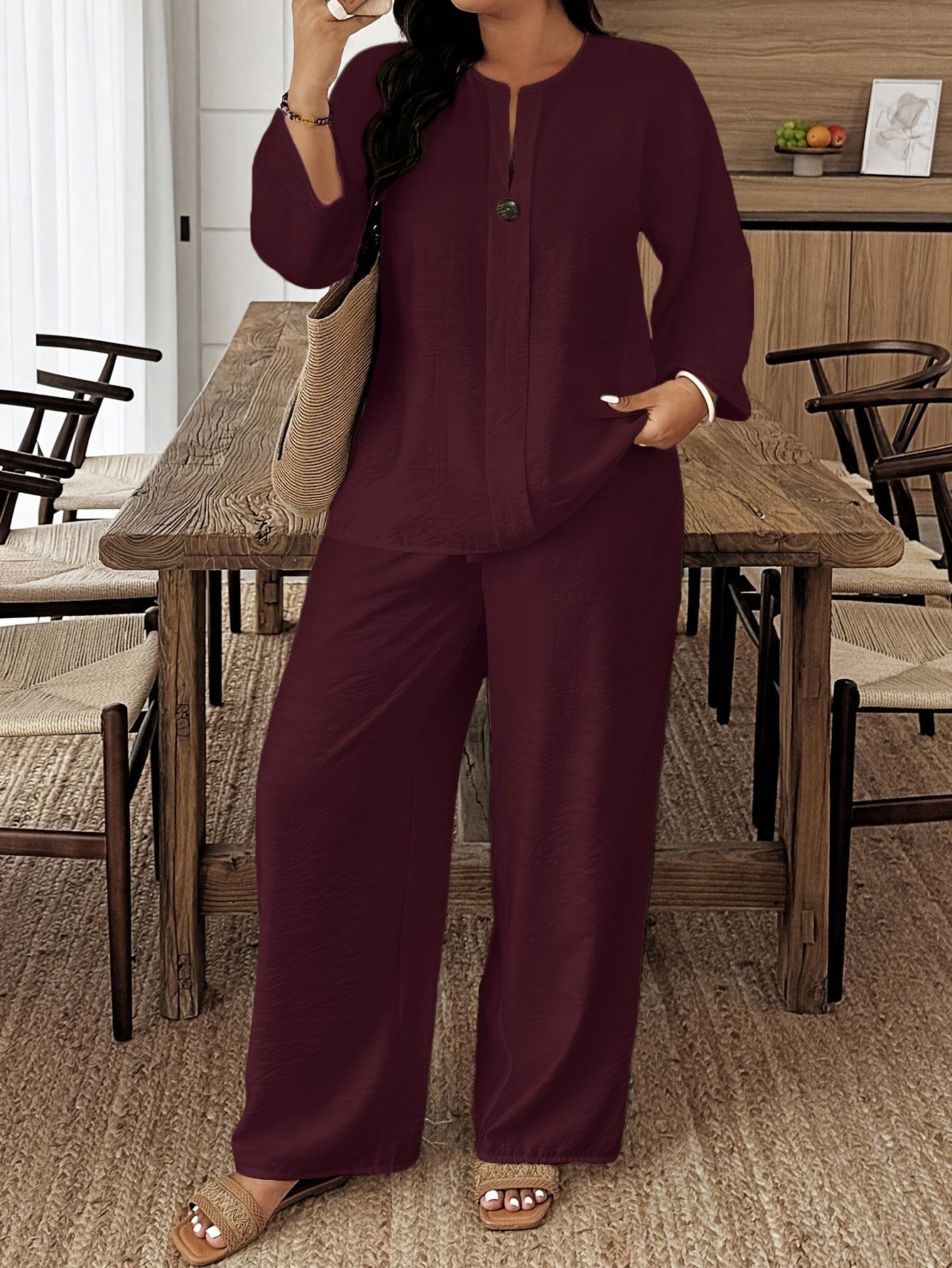 Plus Size, Autumn And Winter New Style, Plus Size Women's Casual Long-sleeved Shirt And Loose Pants 2pcs Set