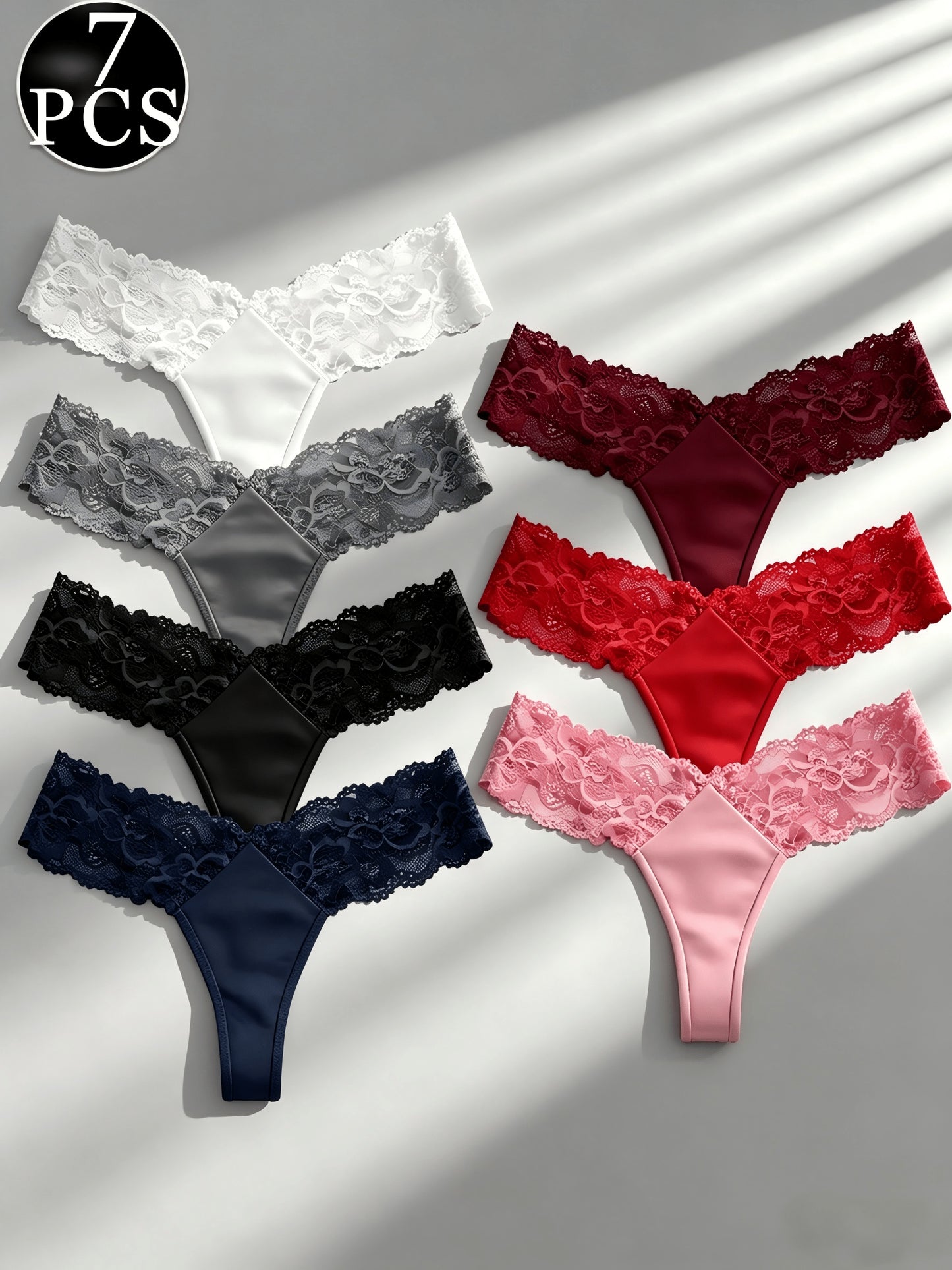 [7pcs Lace Thong Underwear] 7pcs Women's Sexy Semi-Sheer Lace Thong Underwear - Low-Rise Bikini Panties with -String, Soft Breathable G-String Suitable for Mature Ladies, Elegant Lace Trim Bikini Briefs, Hand Washable Low-Rise Tanga for Romantic Dates & C