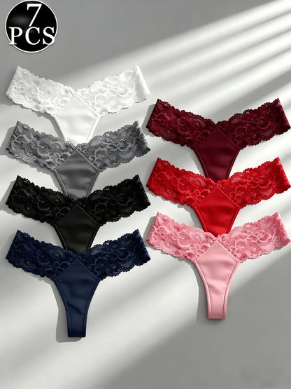 [7pcs Lace Thong Underwear] 7pcs Women's Sexy Semi-Sheer Lace Thong Underwear - Low-Rise Bikini Panties with -String, Soft Breathable G-String Suitable for Mature Ladies, Elegant Lace Trim Bikini Briefs, Hand Washable Low-Rise Tanga for Romantic Dates & C