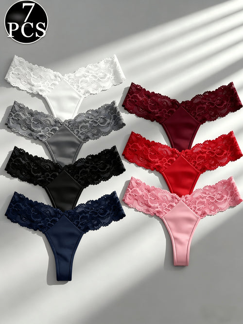 [7pcs Lace Thong Underwear] 7pcs Women's Sexy Semi-Sheer Lace Thong Underwear - Low-Rise Bikini Panties with -String, Soft Breathable G-String Suitable for Mature Ladies, Elegant Lace Trim Bikini Briefs, Hand Washable Low-Rise Tanga for Romantic Dates & C