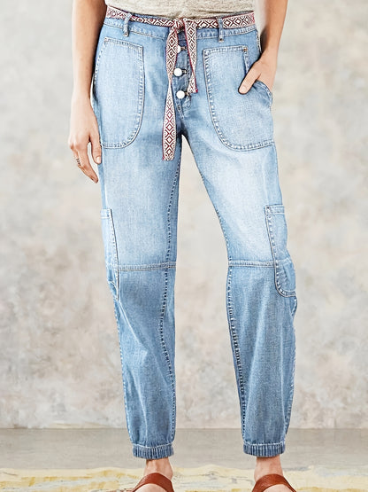 [Hme]Women'S Casual Denim Cargo Pants, Cropped Length, Multi-Pocket, Elastic Waist, Washed End, All-Season, Button Fly, Medium Stretch Fabric, Vintage Style, Fashionable for Weekend - No Belt