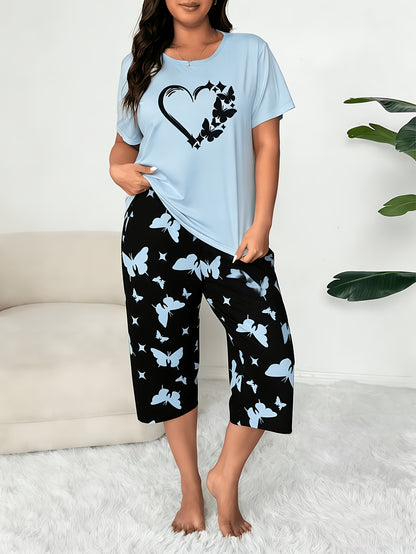6pcs Plus-size Women's Short-sleeved Seven-inch Pants Pajama Set, Summer New Style, Floral, Butterfly, Heart Pattern - Suitable for Home Wear As An Outerwear Plus-size Outfit