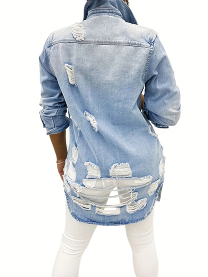 Women's Casual Ripped Washed Blue Patch Pocket Slim Fit Long Sleeve Distressed Denim Jacket