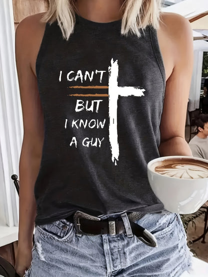 Print Tank Top, Casual Crew Neck Sleeveless Summer Tank Top, Women's Clothing