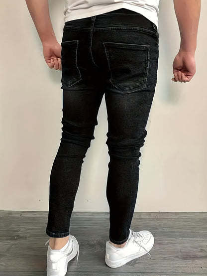 Men's Slim-Fit Distressed American Streetwear Jeans - Black High-Stretch Denim with White Frayed Hem & Ripped Knee Design, Machine Washable All-Season Casual Pants for Men, Jeans Special for Men, White Strech Jeans Regular Fit for Men, Stretch Jeans