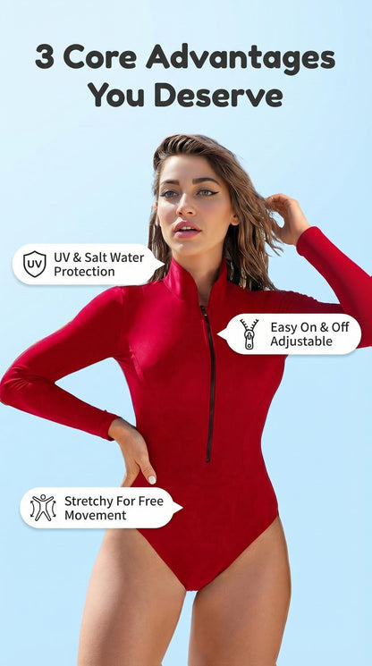 Women'S Long Sleeve Rash Guard Bathing Suit Zip Up One Piece Swimsuits Modest Surfing Swimwear