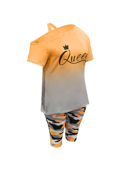 Plus Size - Ladies Fashion Daily Casual Suit, Diagonal Shoulder Camisole Gradient Letter Print Top + Camouflage Capri Pants Design.