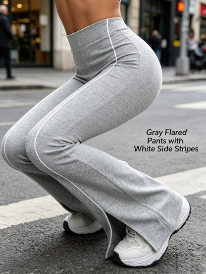 Women'S Stretchy Flared Pants, High Waist Tummy Control Split Hem Bell Bottom Leggings with Reflective Line, Casual Streetwear Trousers