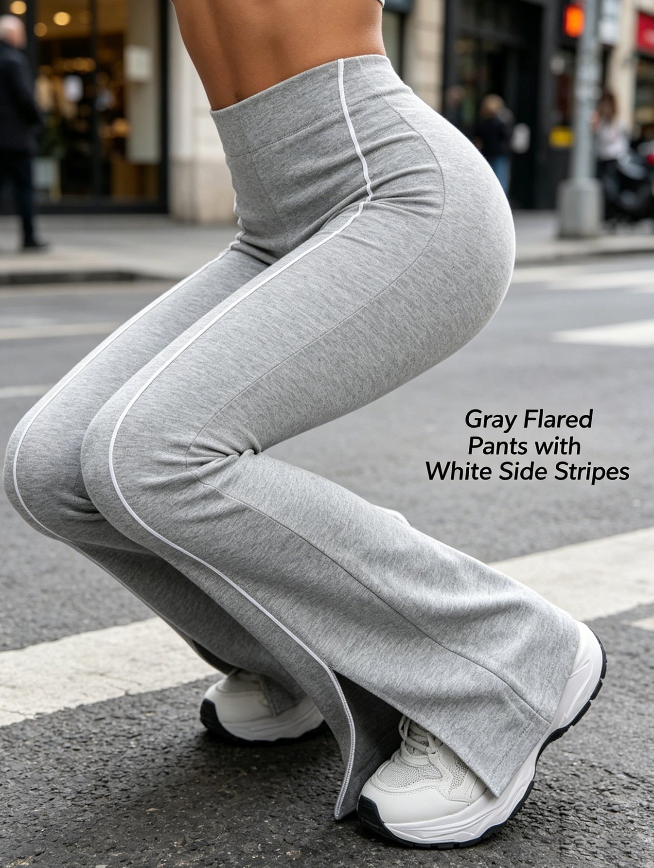 Women'S Stretchy Flared Pants, High Waist Tummy Control Split Hem Bell Bottom Leggings with Reflective Line, Casual Streetwear Trousers