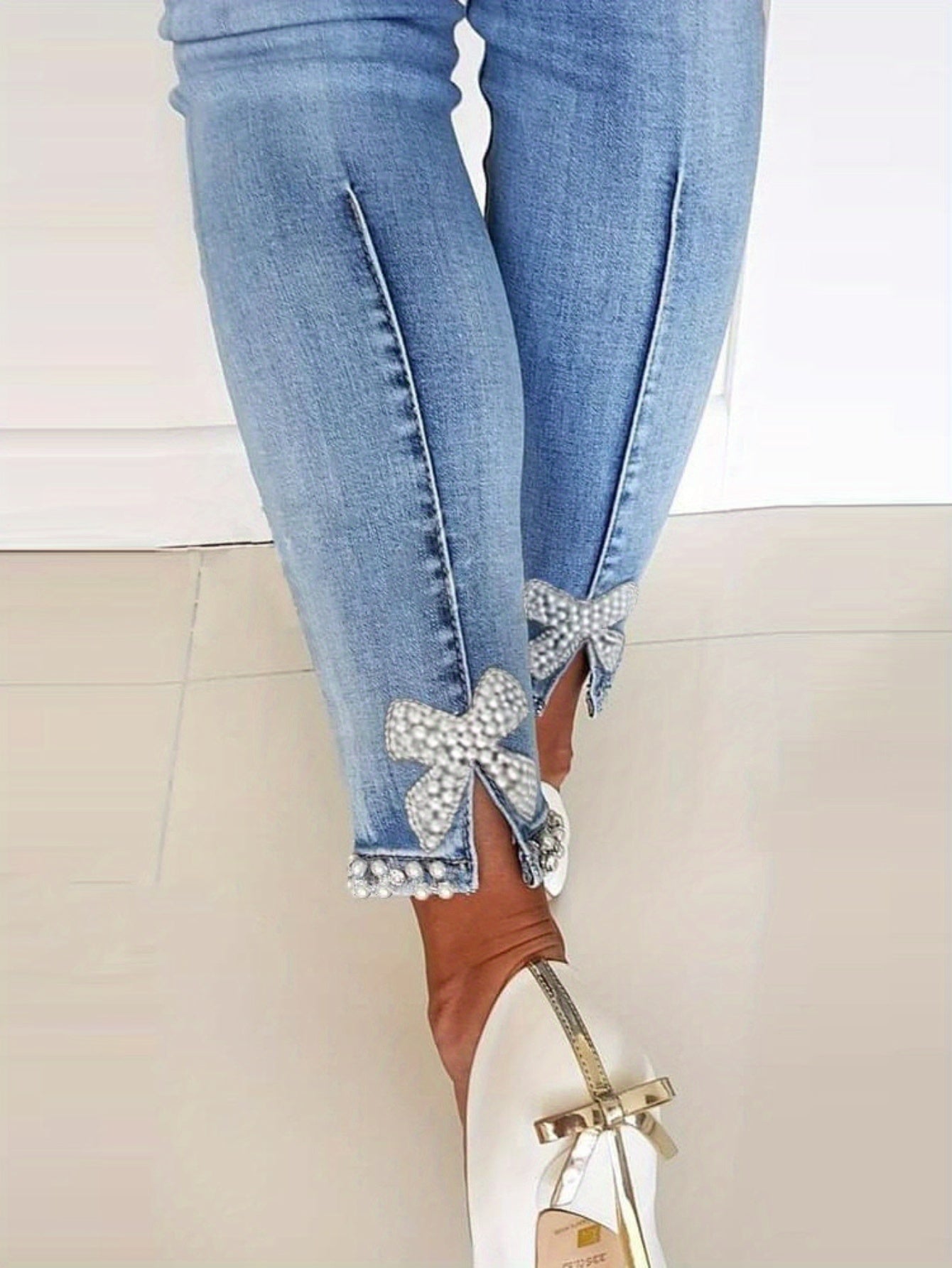 Women's Skinny Jeans - Non-See-Through Stretch Pants with Fit, Bead Accents for Formal & Everyday Outfits - Machine Washable Skinny Leg Pants, Stylish Workwear, Comfortable Fit Jeans