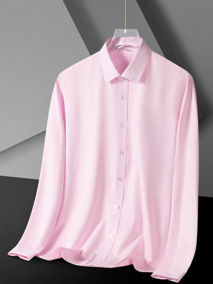Men'S Long Sleeve Solid Color Business Dress Shirt, Elegant Collar, Stretch Fabric, Regular Fit, Single Button Front, Casual Outwear, Adult Sizes, Woven