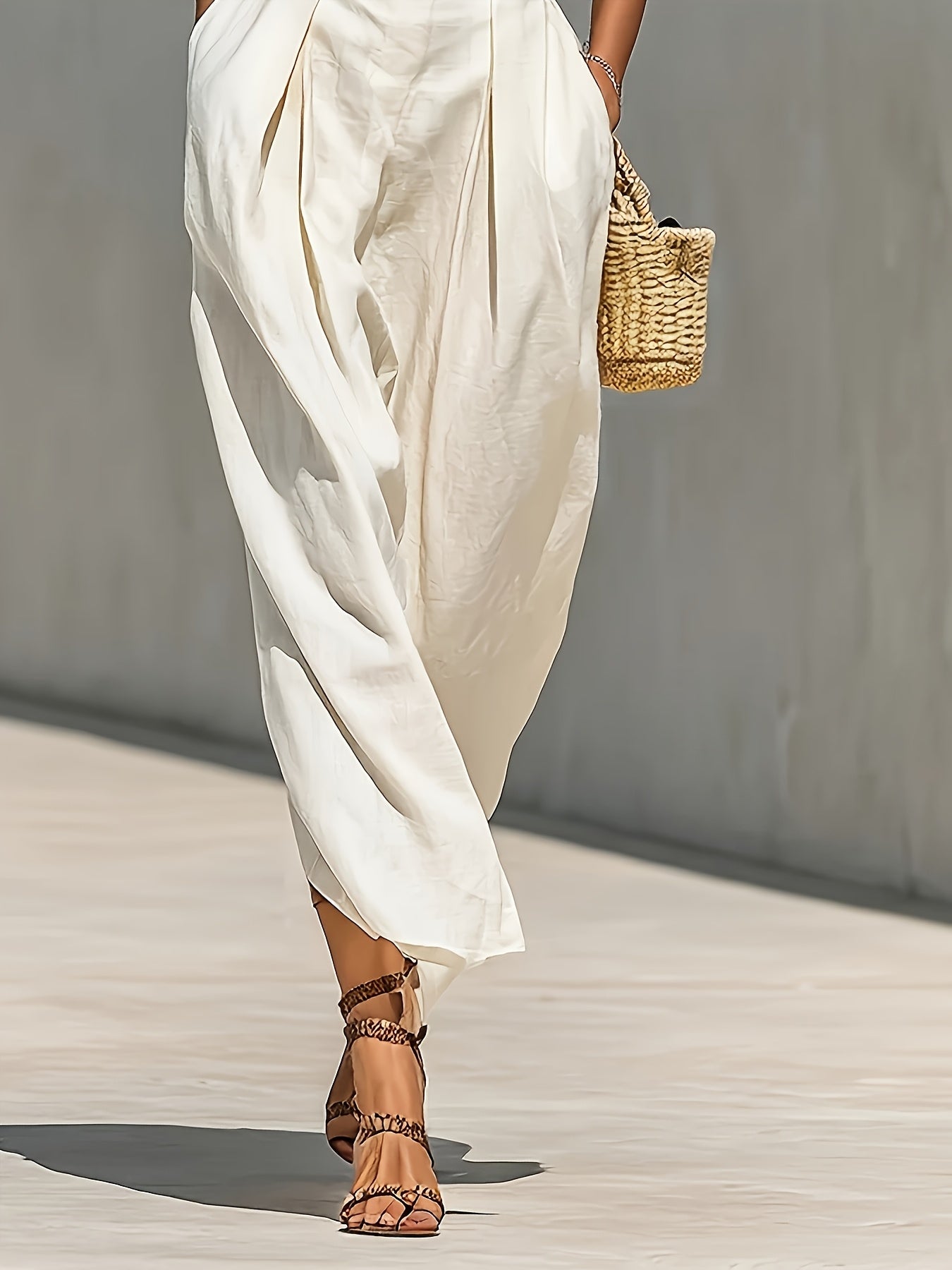 [High-Neck Long Dress] A White Blended Fabric High-Neck Long Dress With An Open Sleeve And A Pleated Waistband Pocket Design, Suitable For Both Professional And Casual Wear