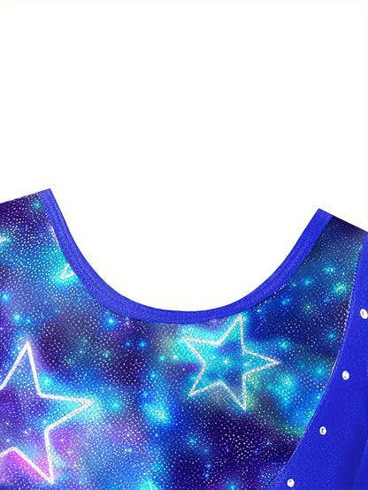 Girls' 3pcs Gymnastics Leotard Set with Stars Pattern, Long Sleeve Bodysuit & Matching Shorts - Includes Hairband, Stretchy & Breathable Fabric for Dance Training, Perfect for Outdoor, All Seasons, Gift for Back-to-School Season, Beach Essentials