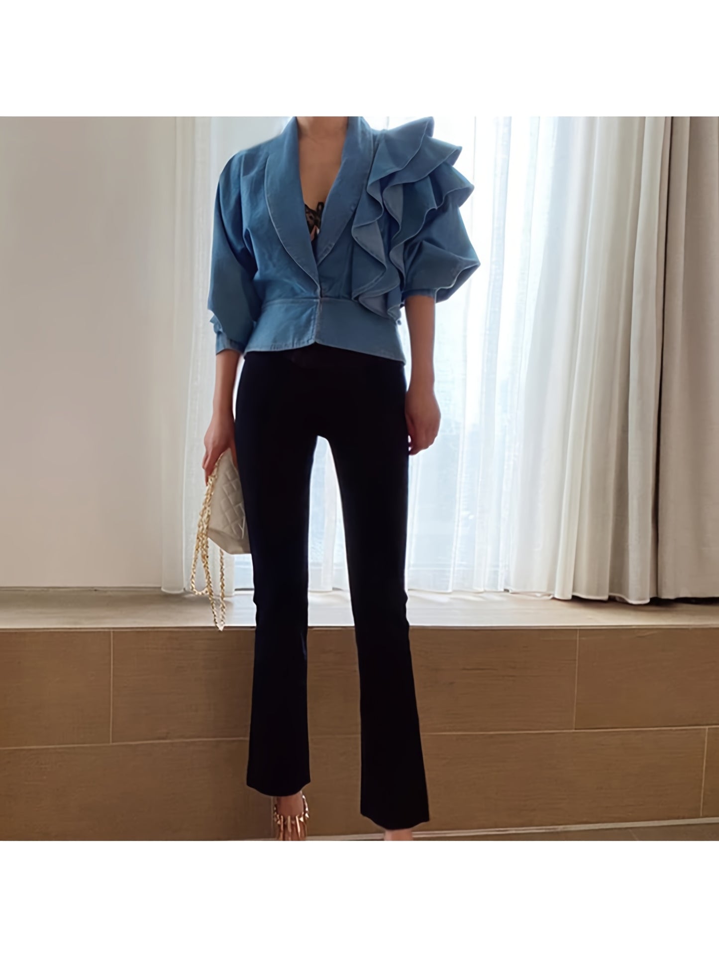 Women'S Washed Light Blue V-Neck Cropped Denim Jacket, Design Sense Ruffled Long Sleeve Waist Cinched Denim Cardigan