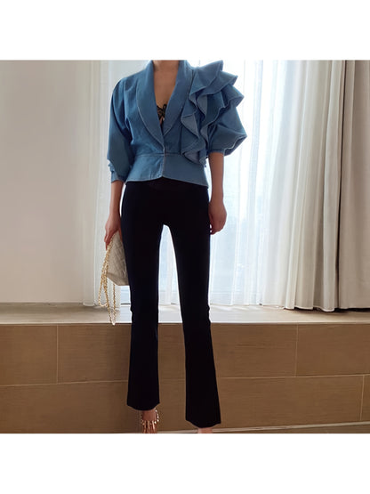 Women'S Washed Light Blue V-Neck Cropped Denim Jacket, Design Sense Ruffled Long Sleeve Waist Cinched Denim Cardigan