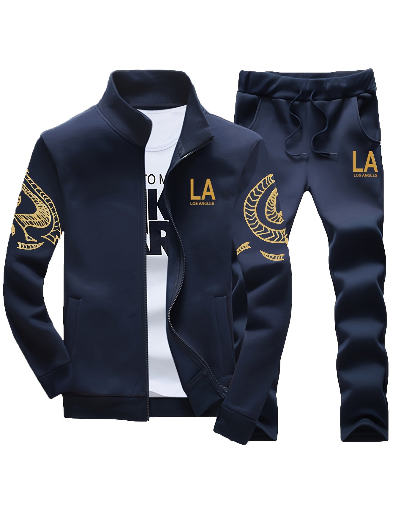 Men'S Casual Sporty Zip-Up Jacket And Joggers Set - Striped, Polyester, Spring/Fall Collection