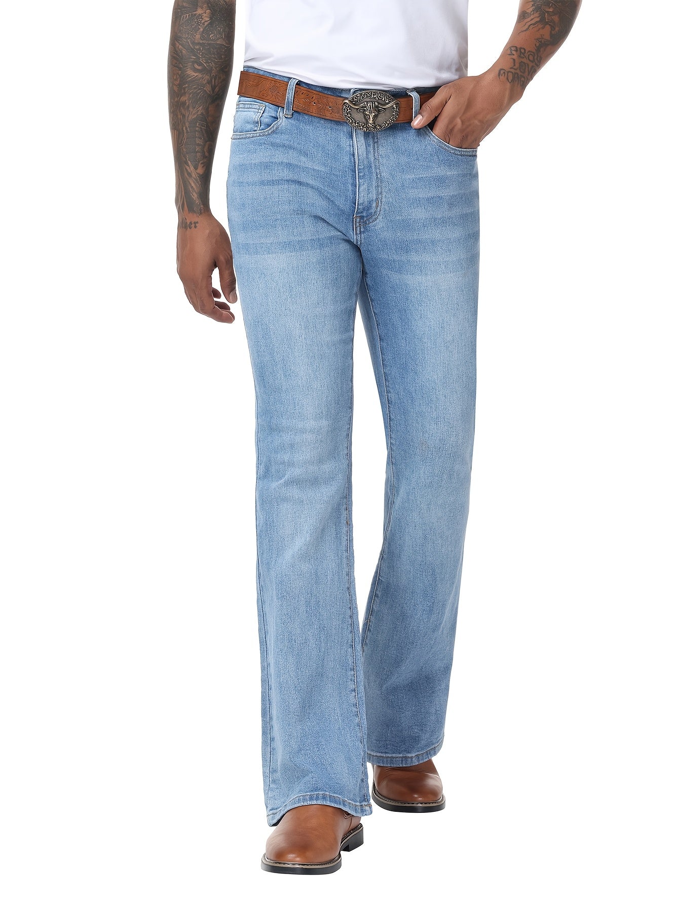 Men's Vintage 70s Retro Bell Bottom Jeans - Wide- Flare Pants with Mid-Stretch Blend, Beltless Suitable for Disco Parties, Night Out & Casual Attire, Machine Washable Mid-Rise Bottoms