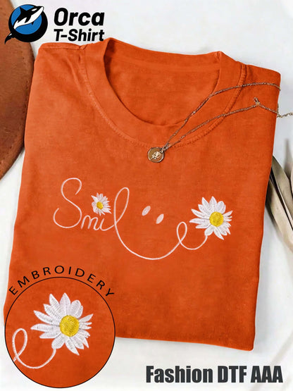 Local Delivery - Autumn Comfort Unisex T-Shirt, Smile Daisy Embroidery Print Short Sleeve T-Shirt, Thanksgiving and Christmas Gift, Holiday Celebration Apparel, Machine Washable, Women's Short Sleeve, Men's Short Sleeve, Fun and Comfortable Style