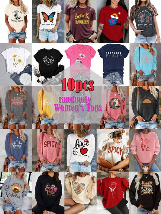 10pcs Women's Printed T-shirts, Casual Ladies Tops, Random Delivery in Color, Pattern and Style, Suitable for All Seasons